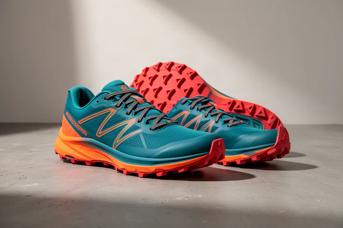 Coppia di scarpe trail running verde acqua e arancio con tasselli rossi sul cemento