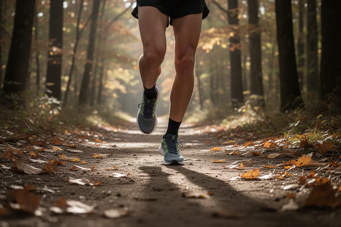 Trail runner on a hard-packed forest path with dappled sunlight through trees