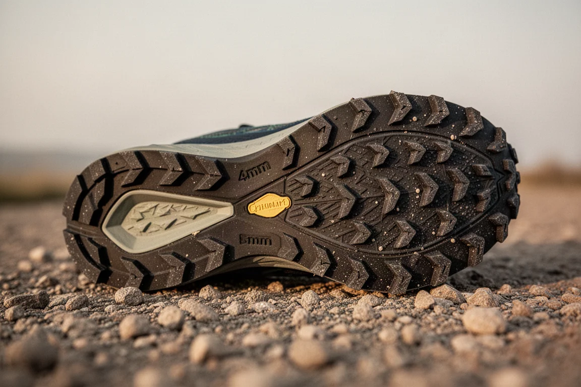 Close-up of a trail shoe outsole with 4mm lugs on gravel