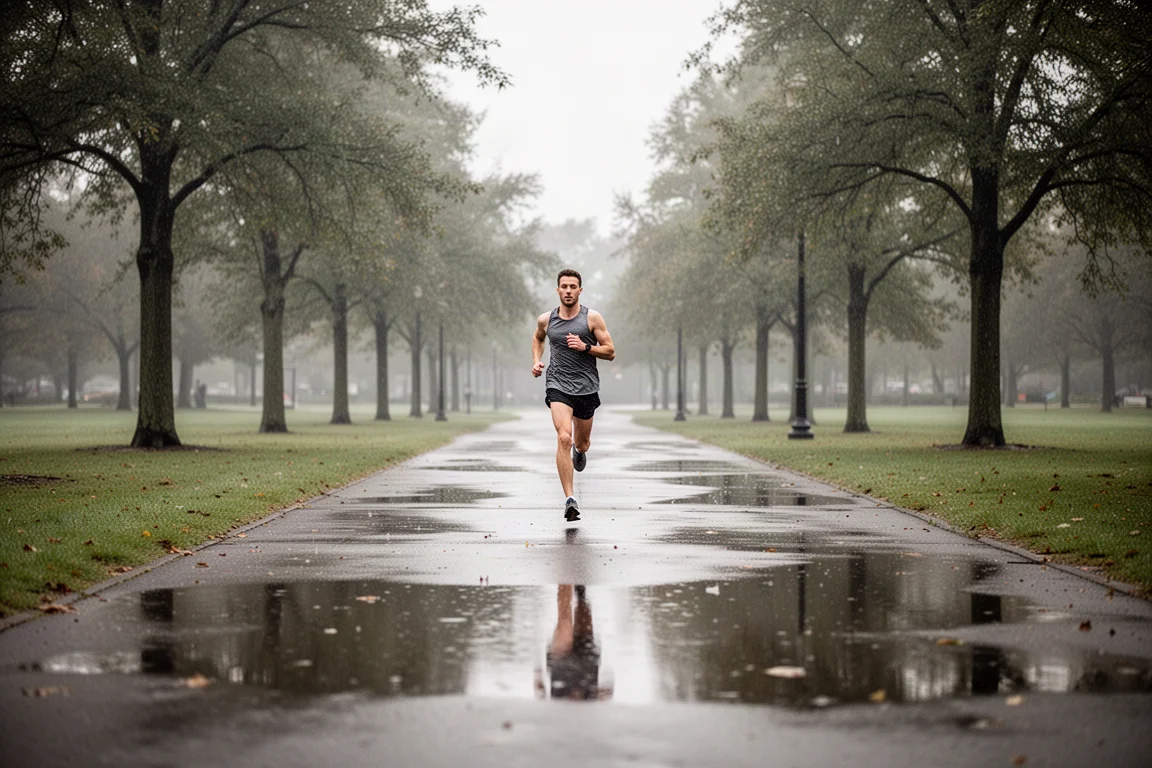 Runner on a wet paved park path after rain