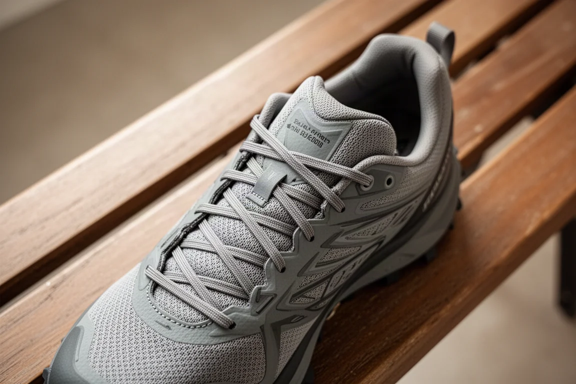 Trail running shoe laces being tied, close-up detail of the upper