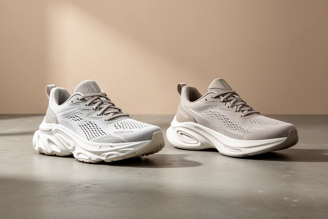 Two cushioned running shoes side by side on a concrete surface
