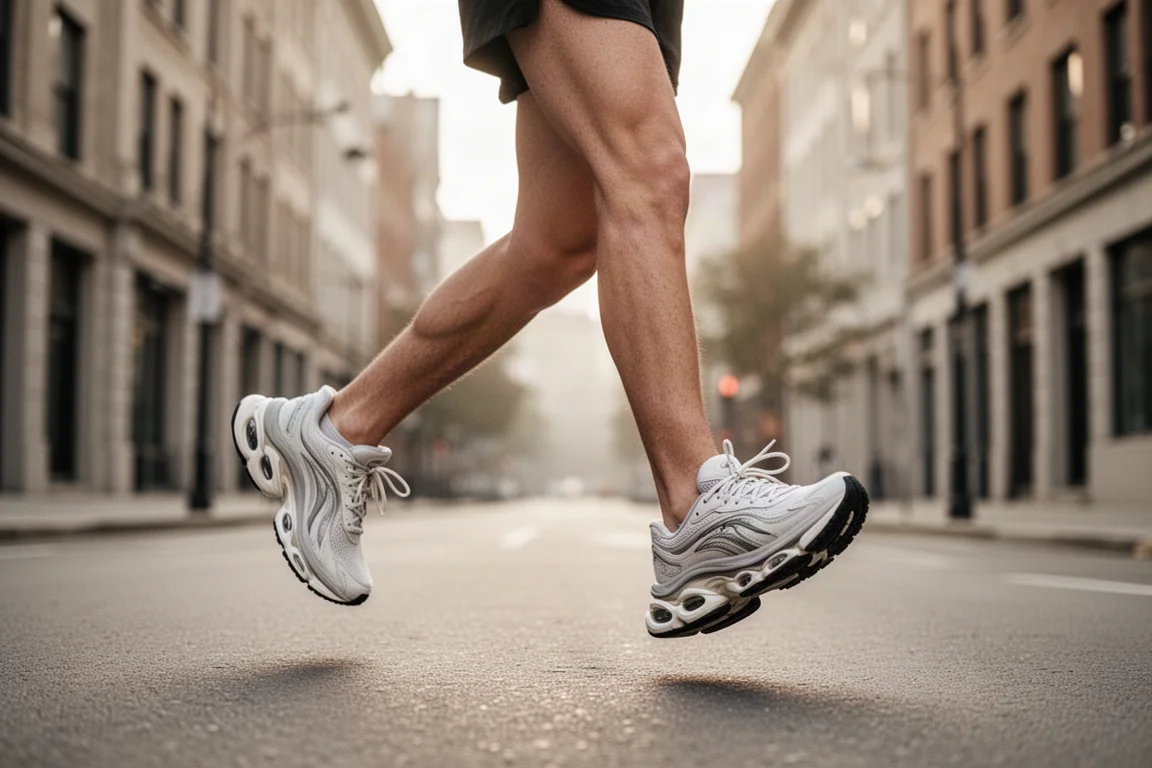 Läufer dehnt sich vor einem lockeren Traininglauf auf ruhigen Stadtstraßen