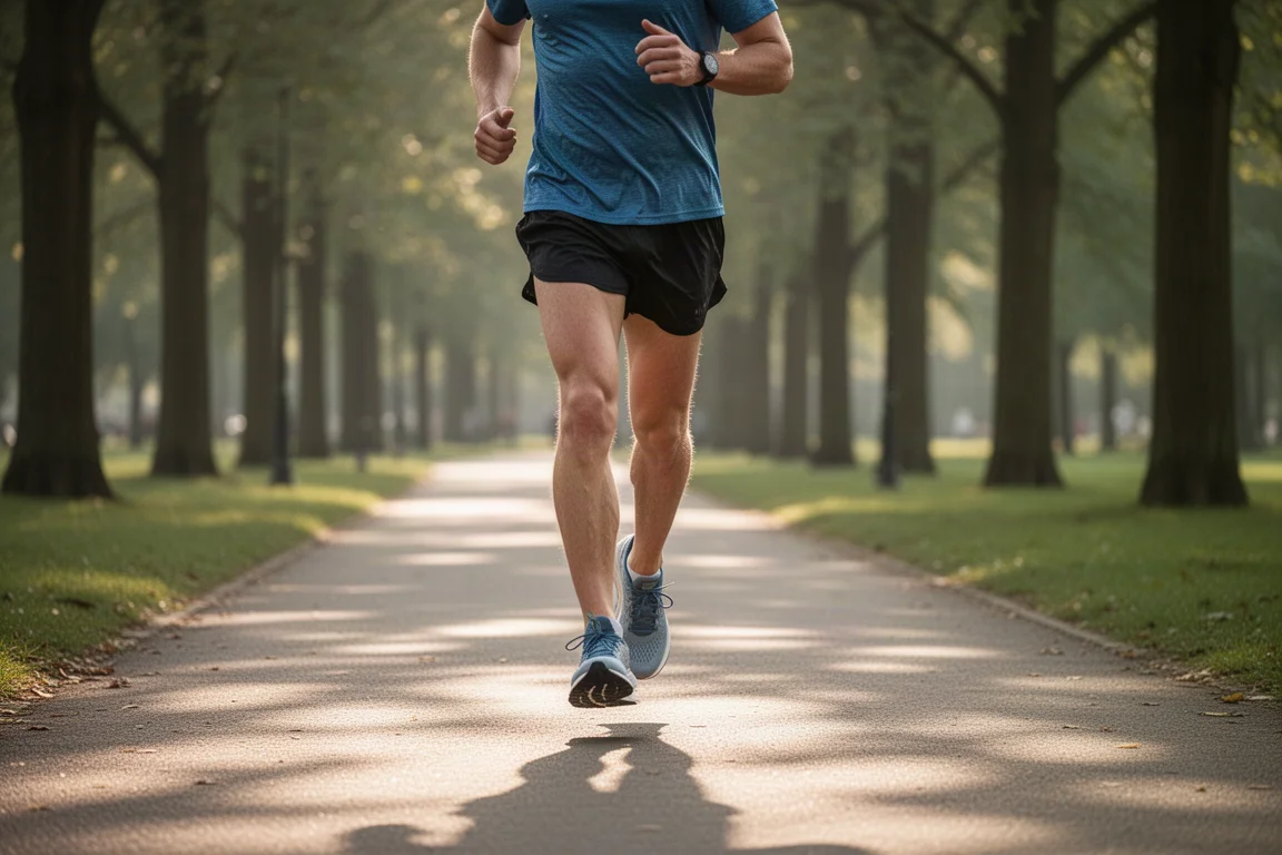 Läufer joggt lockere Kilometer auf einem Parkweg im weichen Nachmittagslicht