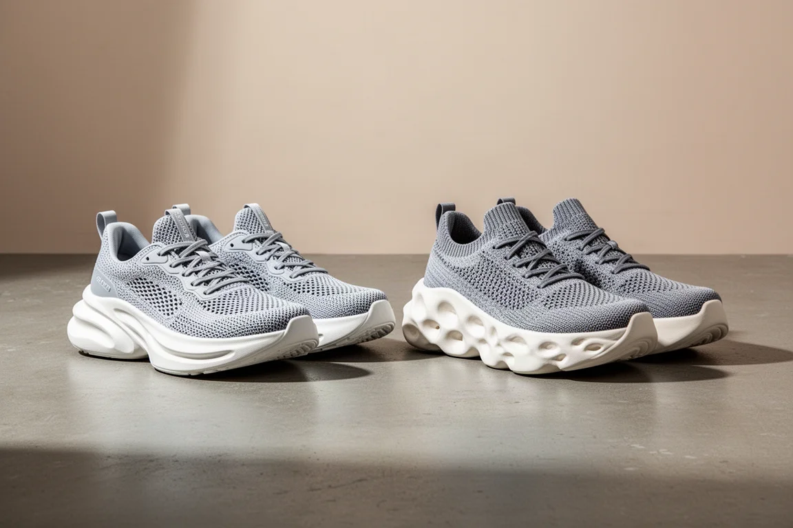 Two pairs of max-cushion running shoes side by side on a concrete floor