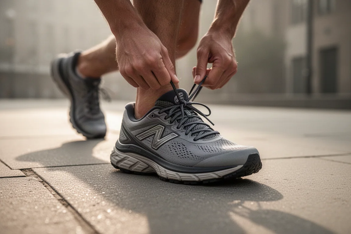 Runner tying laces on a max-cushion running shoe before an easy morning run