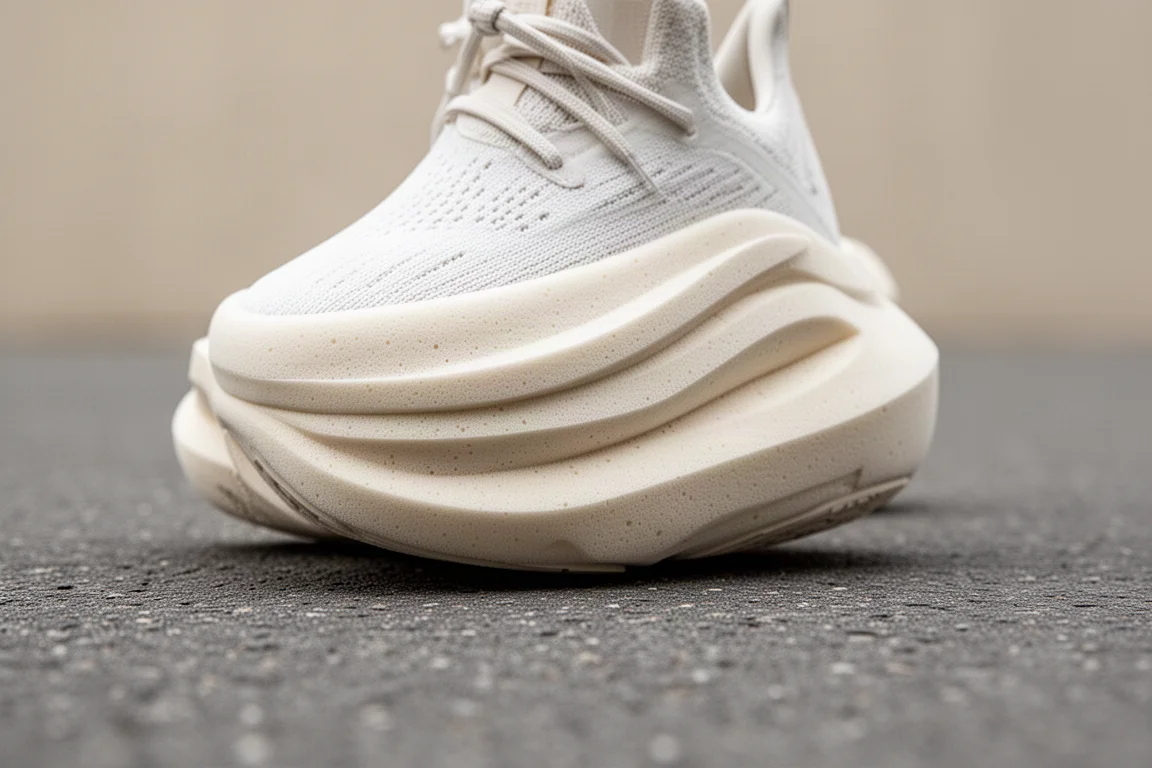 Close-up of a thick foam midsole of a cushioned running shoe on tarmac