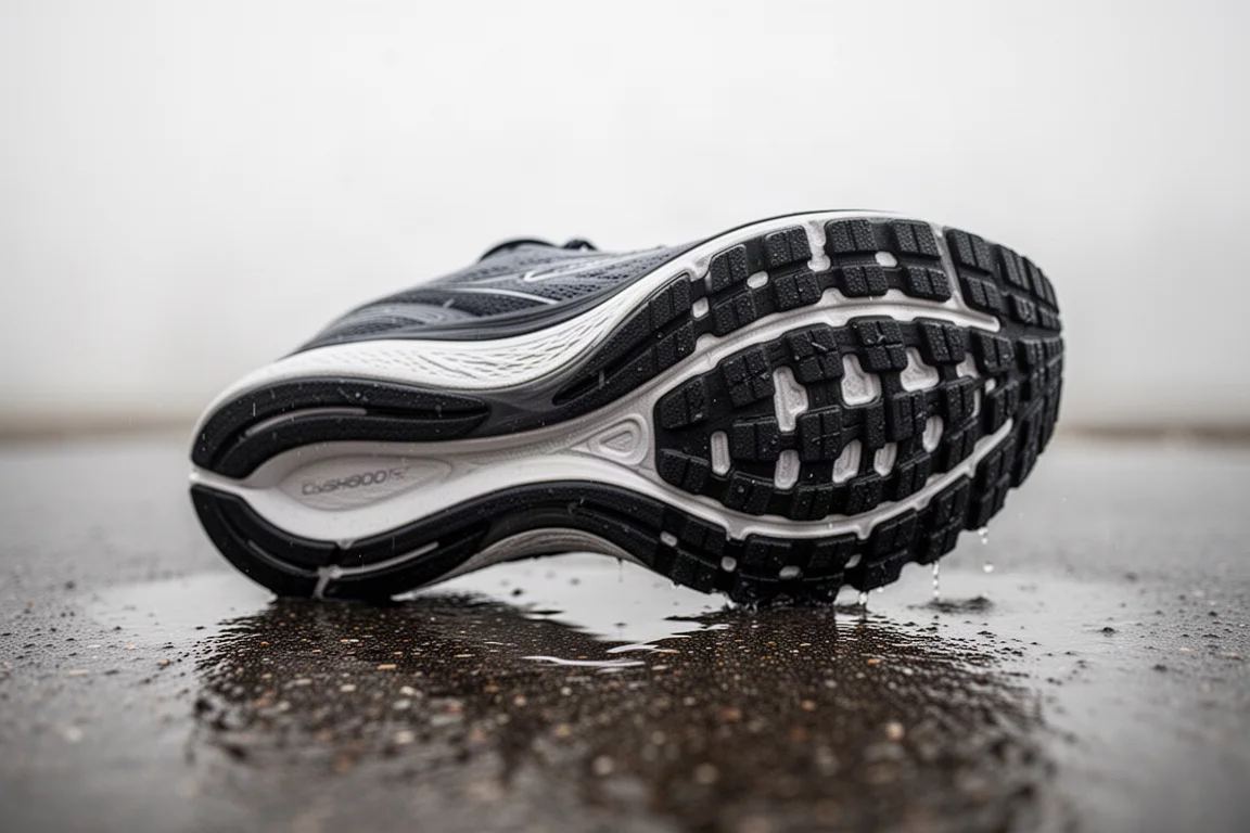 Cushioned road running shoes on wet pavement with visible outsole rubber