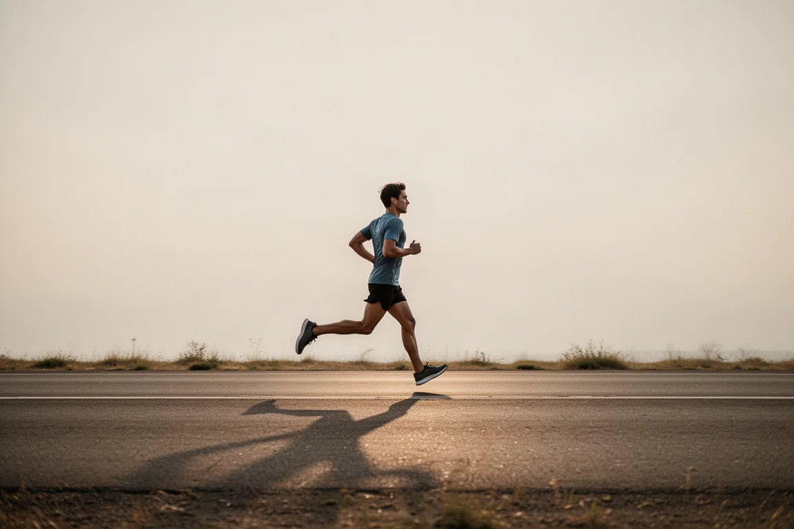 Runner moving along an easy flat road at a relaxed pace in soft daylight