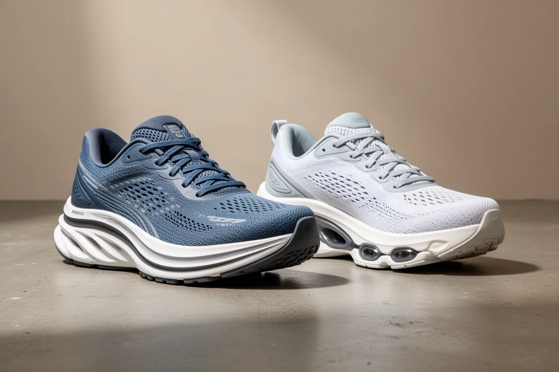 Two max-cushion running shoes side by side on a concrete surface