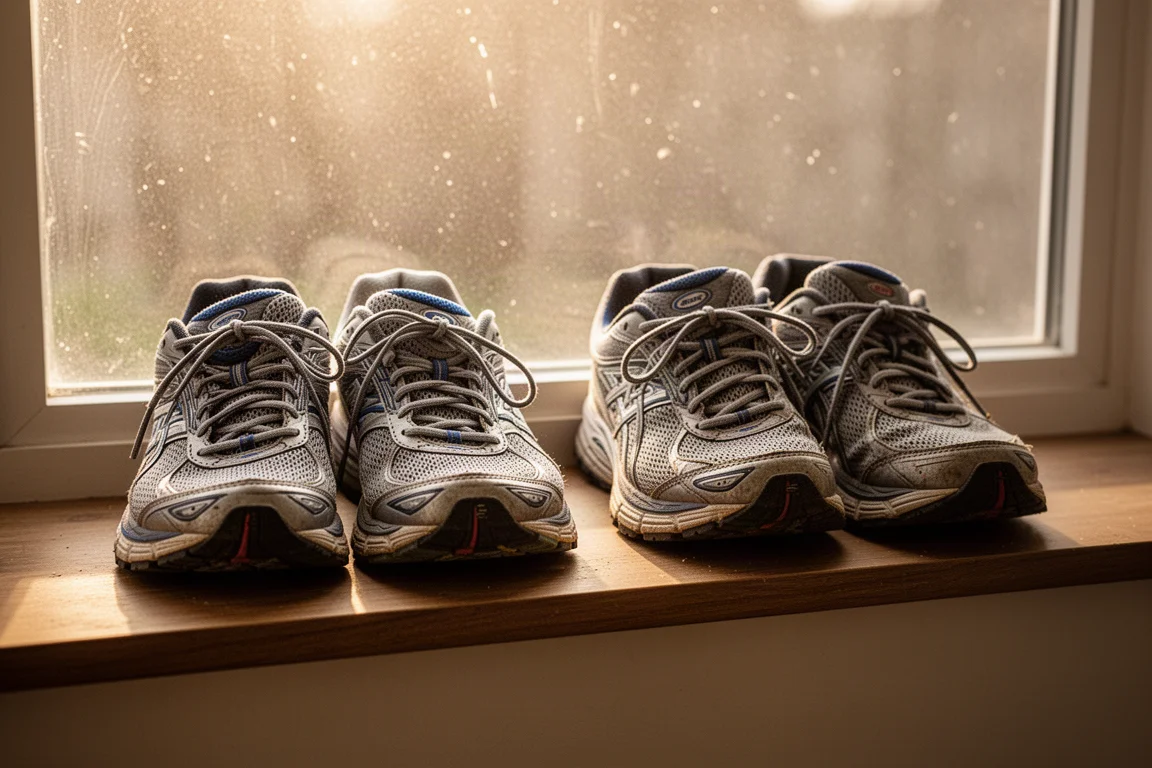 Unas zapatillas de running descansan en el alféizar de una ventana tras un largo entrenamiento