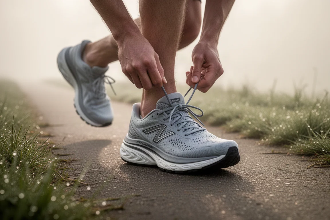 Un corridore allaccia una scarpa da running a max ammortizzo su un viale asfaltato