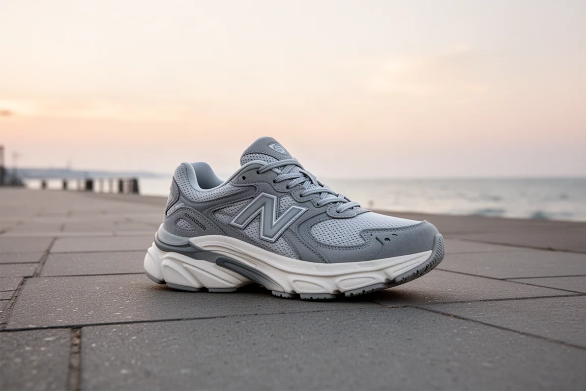 Zapatilla de running de amortiguación máxima sobre un paseo asfaltado al amanecer