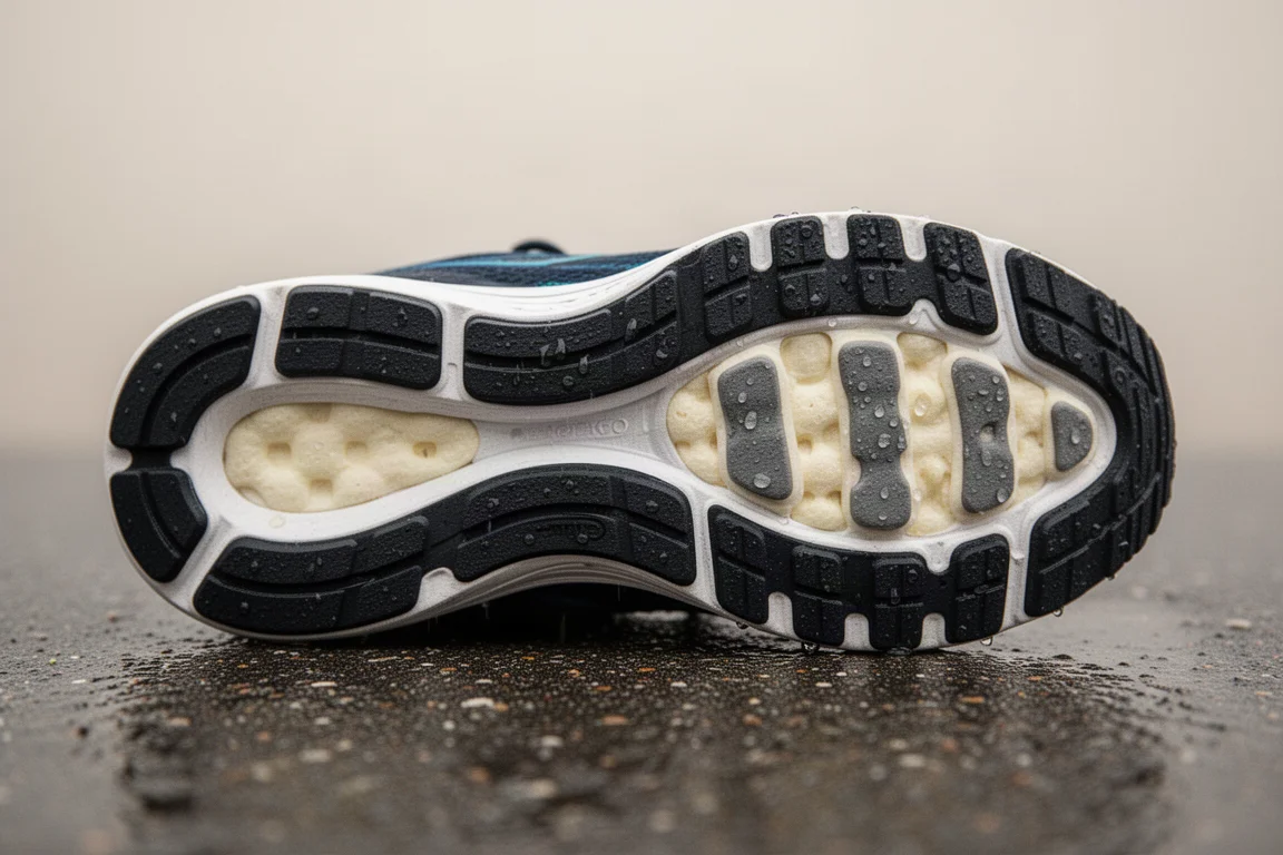 Primer plano de la suela de una zapatilla de running mostrando la cobertura de goma y la espuma expuesta de la mediasuela