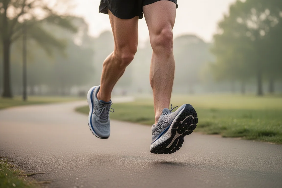 Runner cruising along an easy pace on quiet tarmac in soft morning light