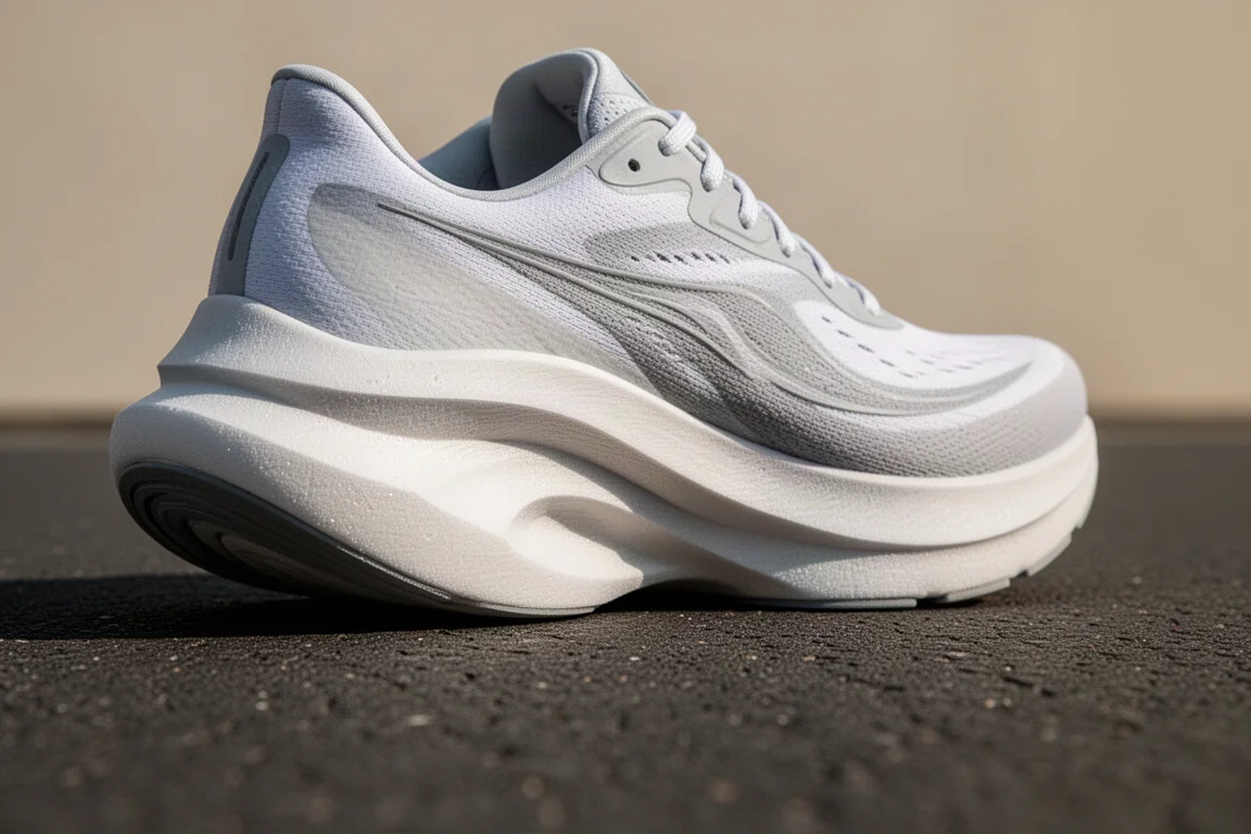 Close-up of thick white foam midsole with rocker geometry on tarmac