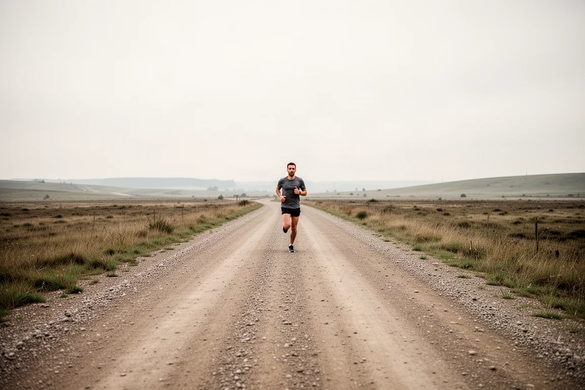 Runners on a flat gravel fire road surrounded by open countryside
