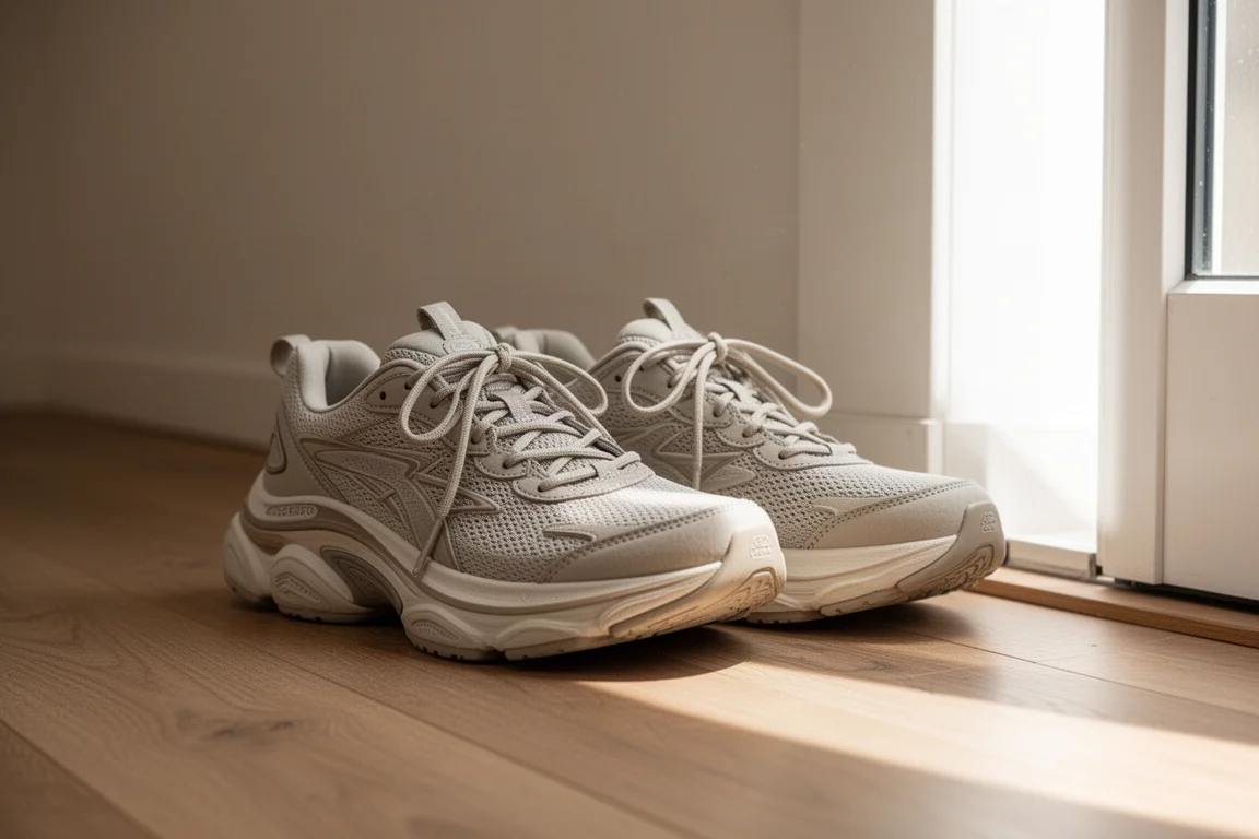 Recovery-day running shoes resting by a doorway after an easy run