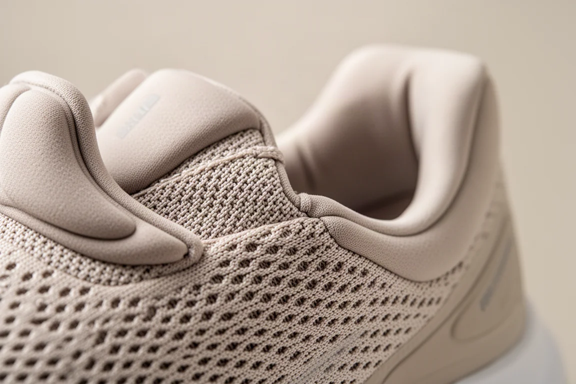 Nahaufnahme des gepolsterten Obermaterials eines Laufschuhs mit Engineered Mesh