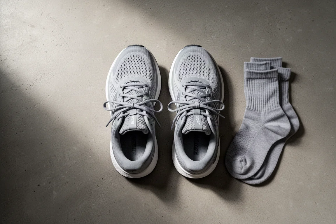 Deux chaussures de running à amorti maximal côte à côte sur un sol en béton