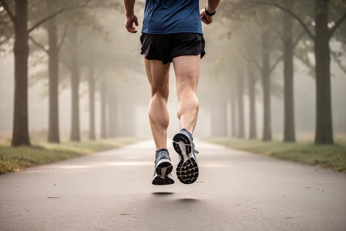 Un coureur prenant un rythme tranquille sur un chemin pavé calme à la lumière du matin