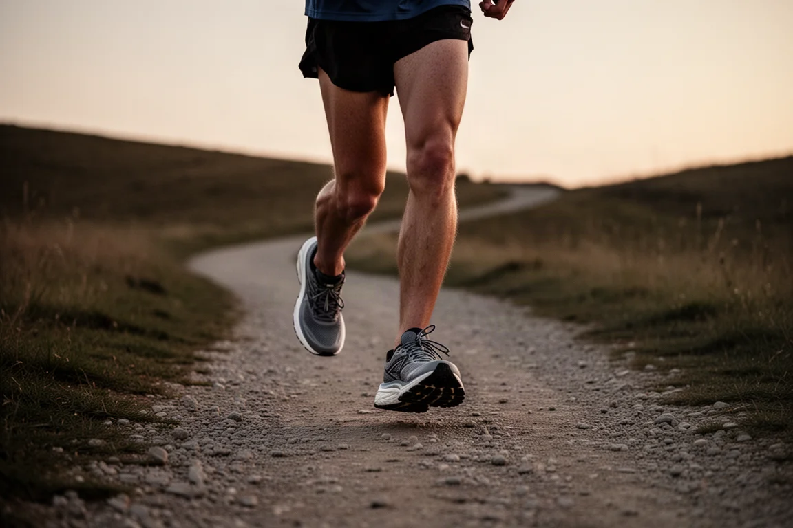 Un coureur marchant sur un sentier de gravier au crépuscule avec des chaussures amorties