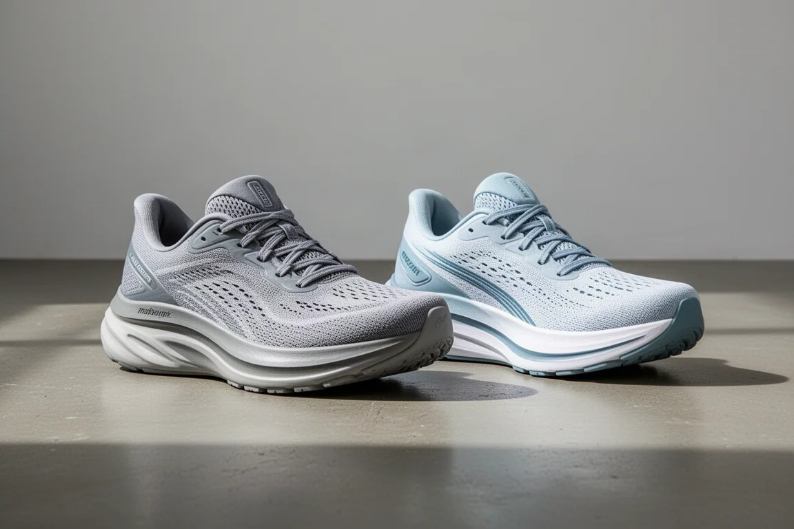 Two max cushion running shoes side by side on a concrete studio floor