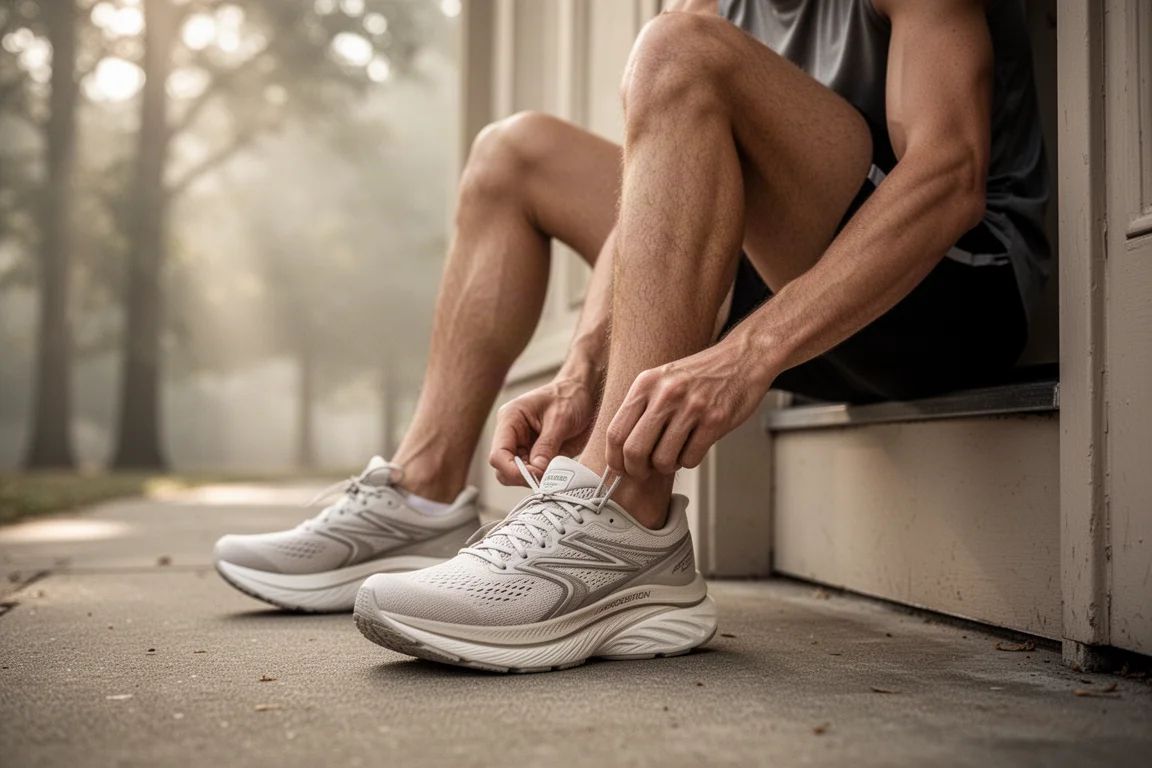 Runner lacing up a plush max-cushion road running shoe on a doorstep before an easy run