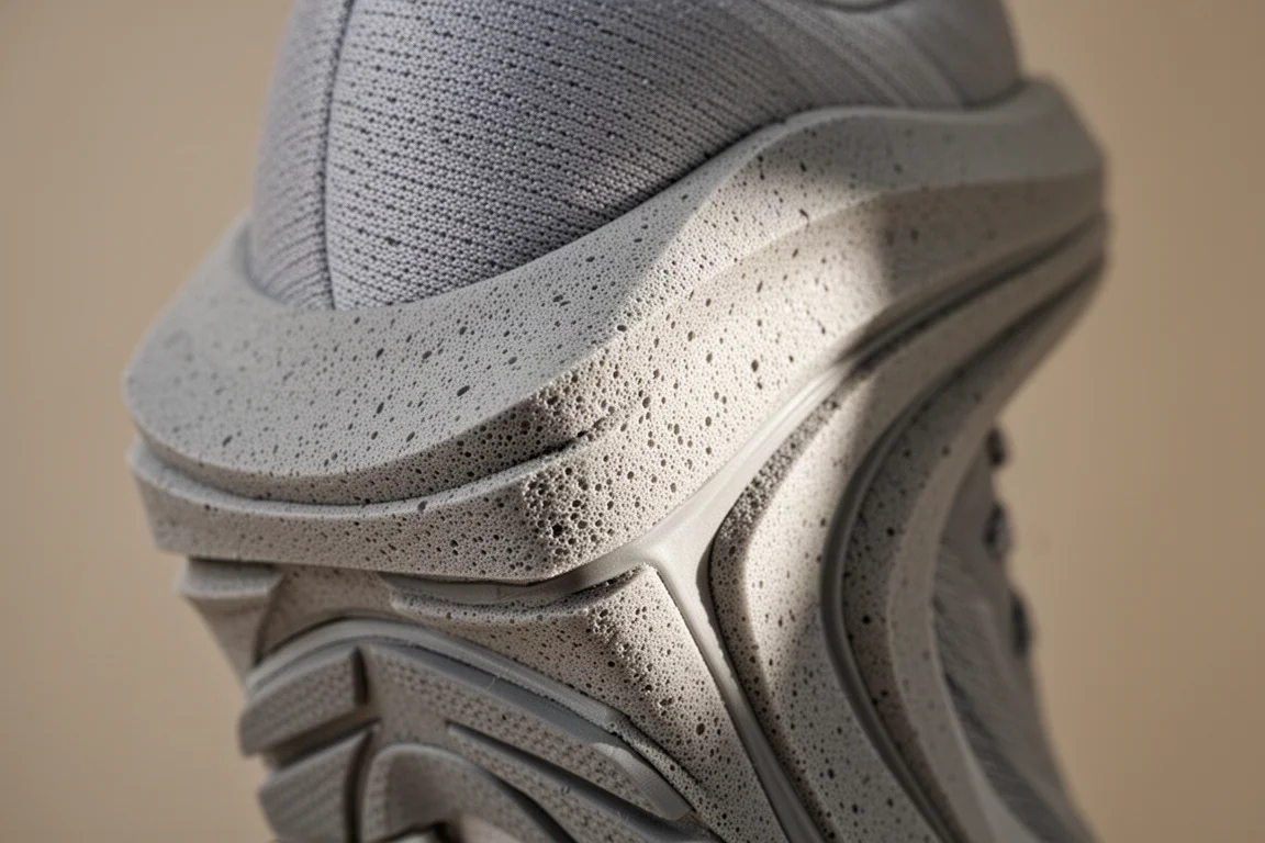 Close-up of a nitrogen-infused running shoe midsole showing cell structure and stacked heel