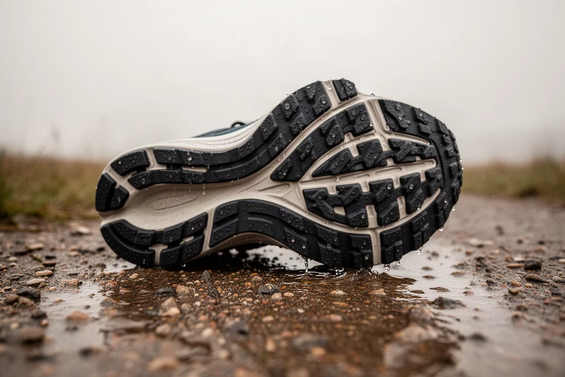 Close-up of running shoe outsole rubber on wet gravel path showing grip texture