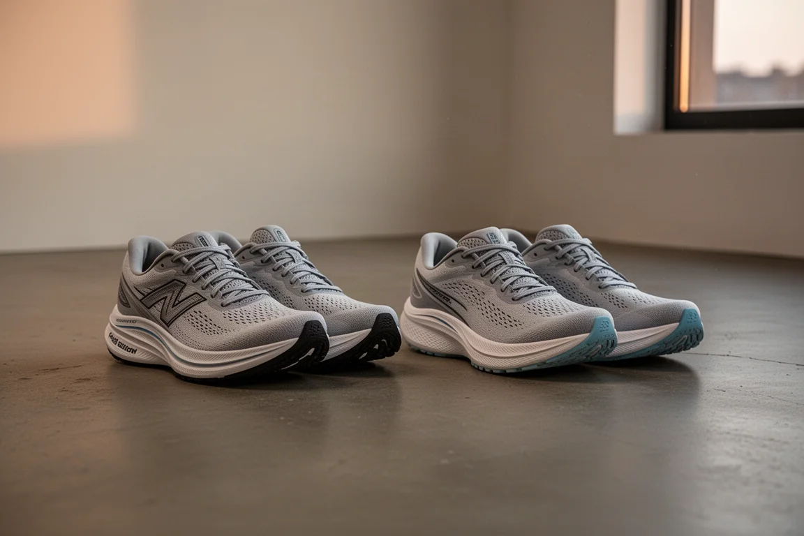 Two pairs of max-cushion running shoes side by side on concrete after an easy run
