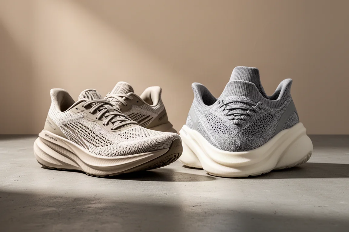 New Balance More v5 and Brooks Glycerin Max running shoes side by side on concrete