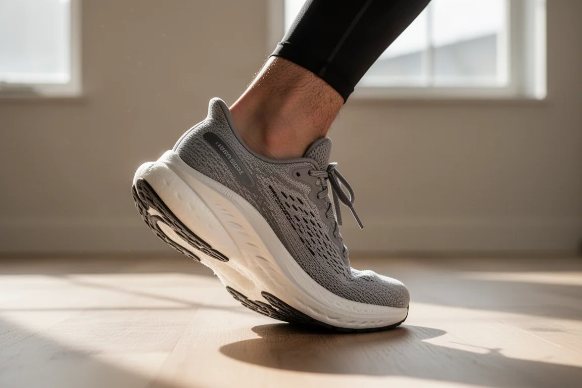 Läufer steigt auf Holzfußboden in einen stark gedämpften Laufschuh