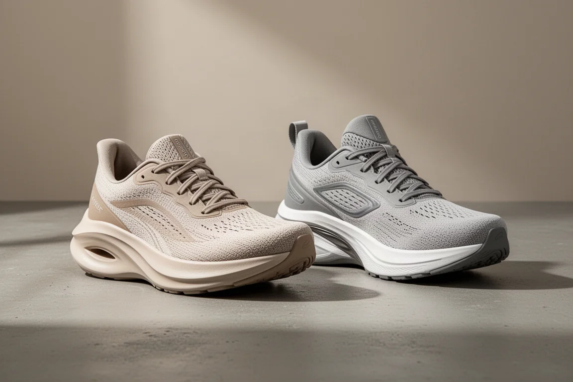 Two max cushion running shoes side by side on a concrete surface