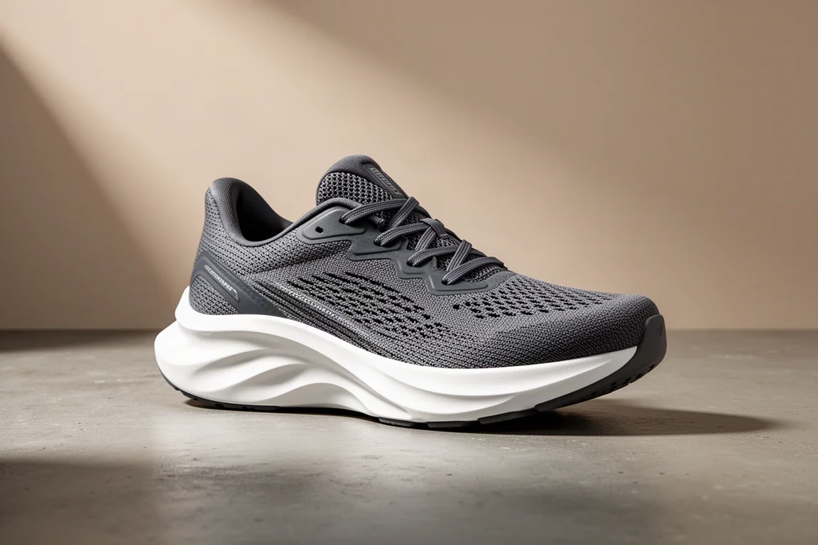 Scarpa da running New Balance More v6 con intersuola in schiuma spessa su superficie di cemento