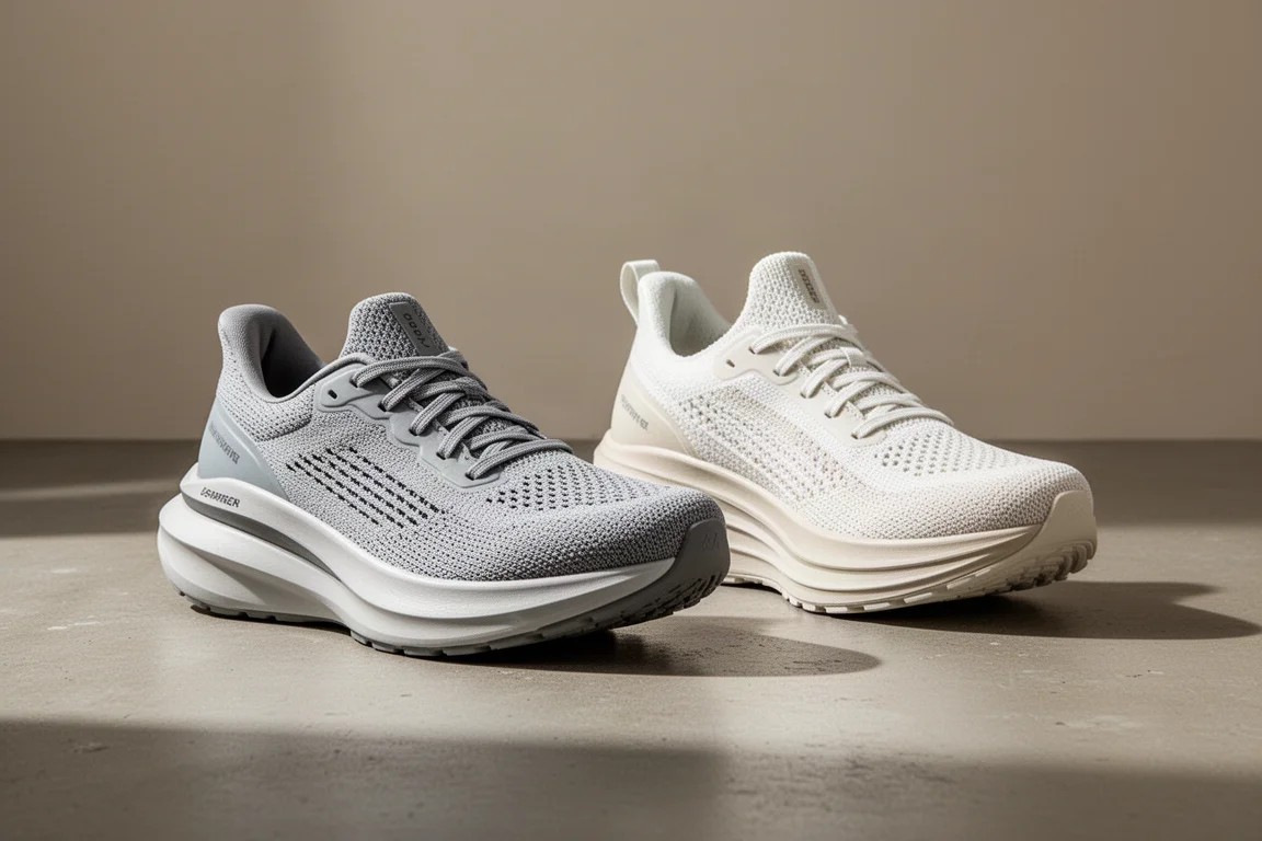 New Balance More v6 and ASICS Gel Nimbus 27 running shoes side by side on concrete