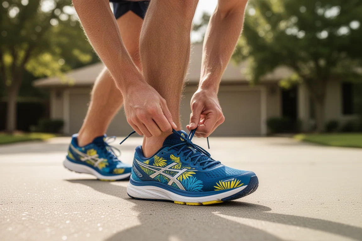 Runner lacing up a tropical-colored running shoe on a sunny morning sidewalk