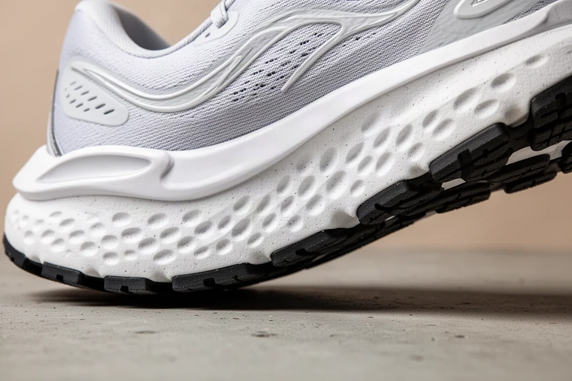 Close-up of a running shoe midsole showing foam compression and a rubber outsole
