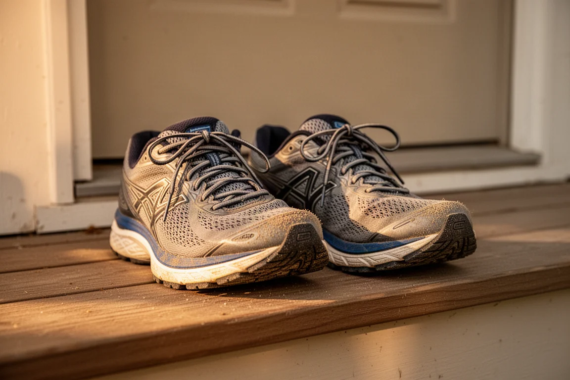 Running shoes resting on a porch step after a long run in golden light