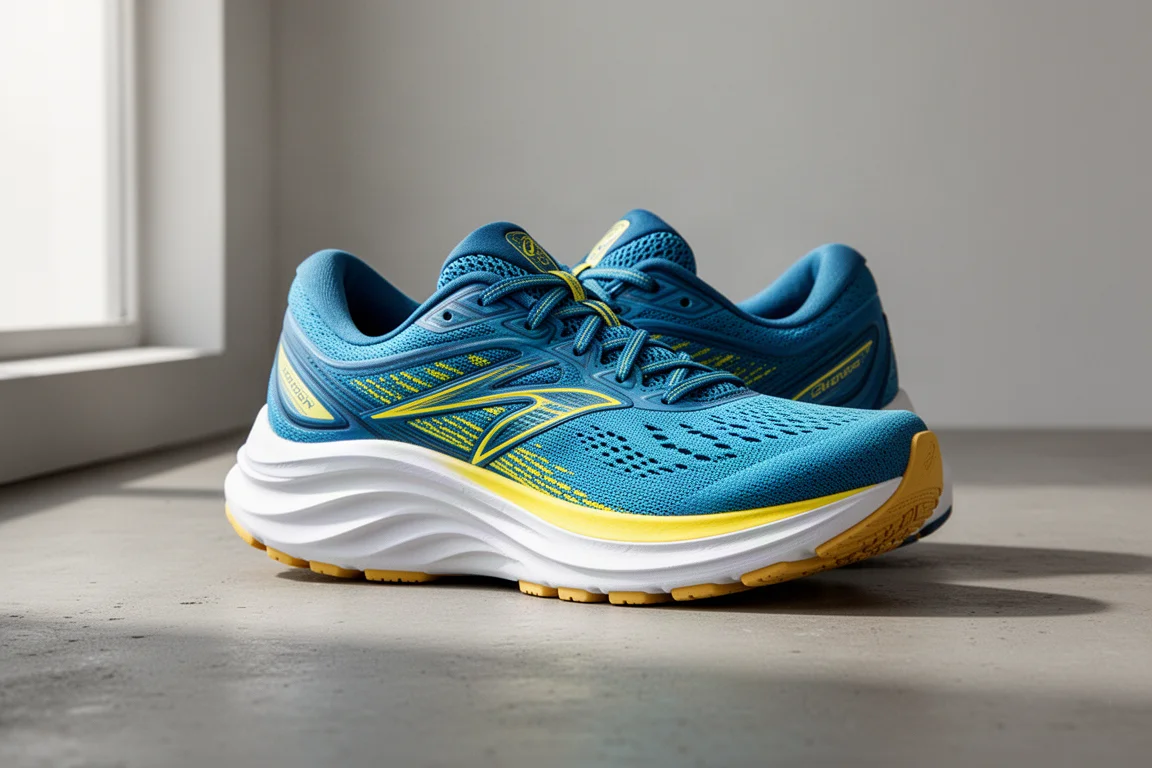 New Balance Propel V5 running shoe in a tropical blue and yellow colorway on concrete