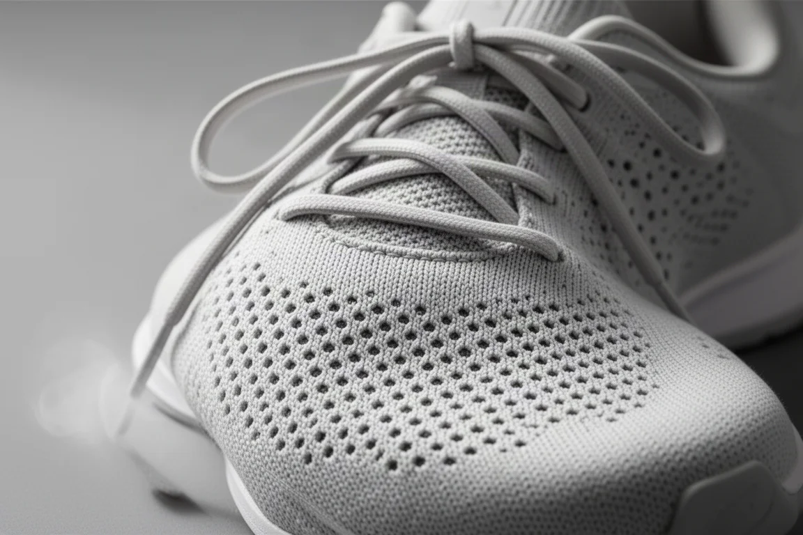 Primo piano della tomaia in maglia di una scarpa da running con fori di traspirabilità