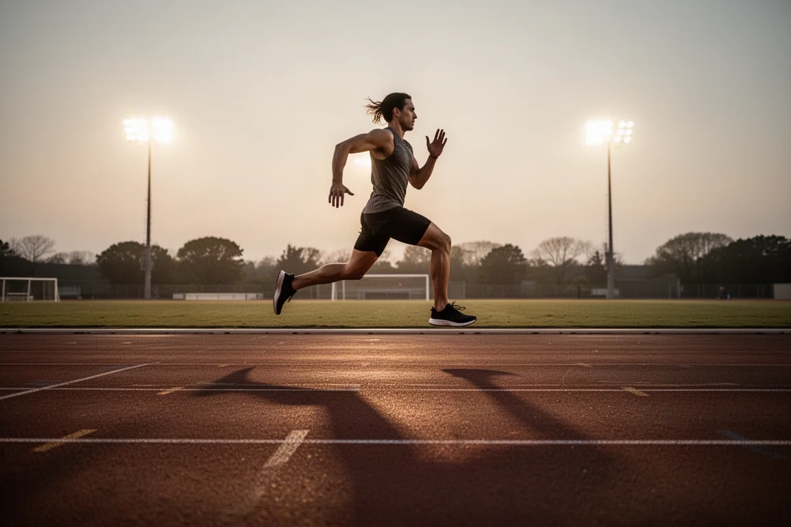 Corridore che svolge una seduta di soglia su una pista al tramonto