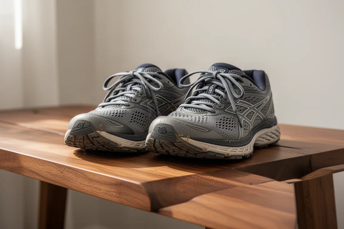 Coppia di scarpe da running ben usate appoggiate su una panchina di legno dopo una lunga uscita