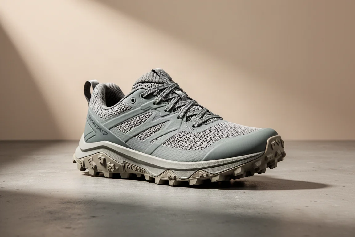 New Balance Rebel Trail 越野跑鞋以四分之三角度呈現於水泥地面上