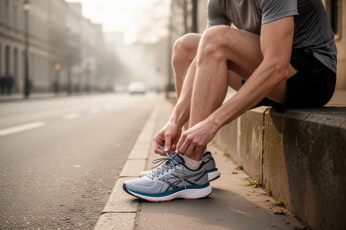 Runner lacing up a lightweight road running shoe on a sunny street