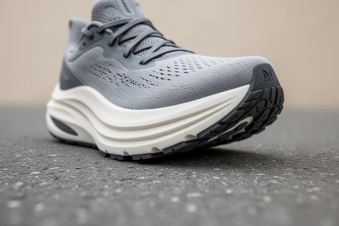 Close-up of soft foam midsole on a road running shoe