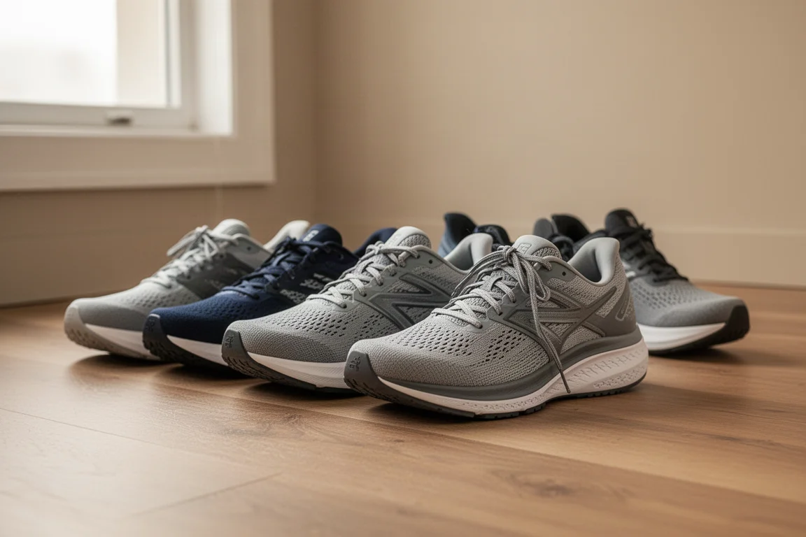 Running shoes lined up in a home rotation rack