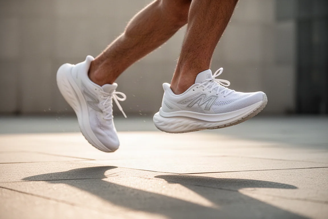 Runner's feet in lightweight white running shoes on smooth city pavement