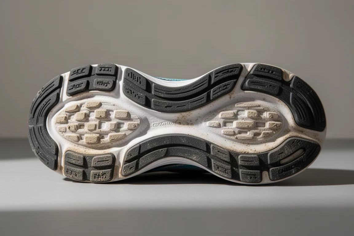 Close-up of a running shoe outsole showing mild wear after training