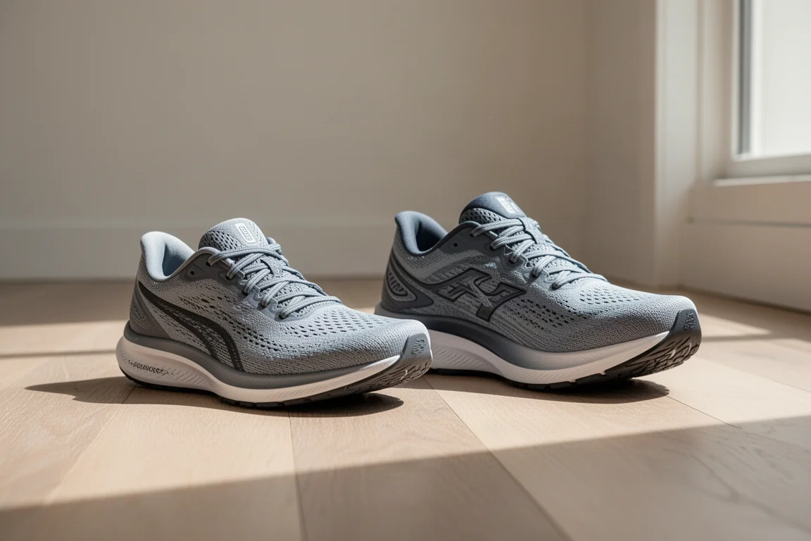 Two daily trainers side by side on a wooden floor for comparison